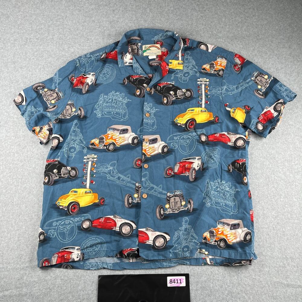 Paradise Found Shirt XL Blue Classic Car All Over Print Button Up Short Sleeve